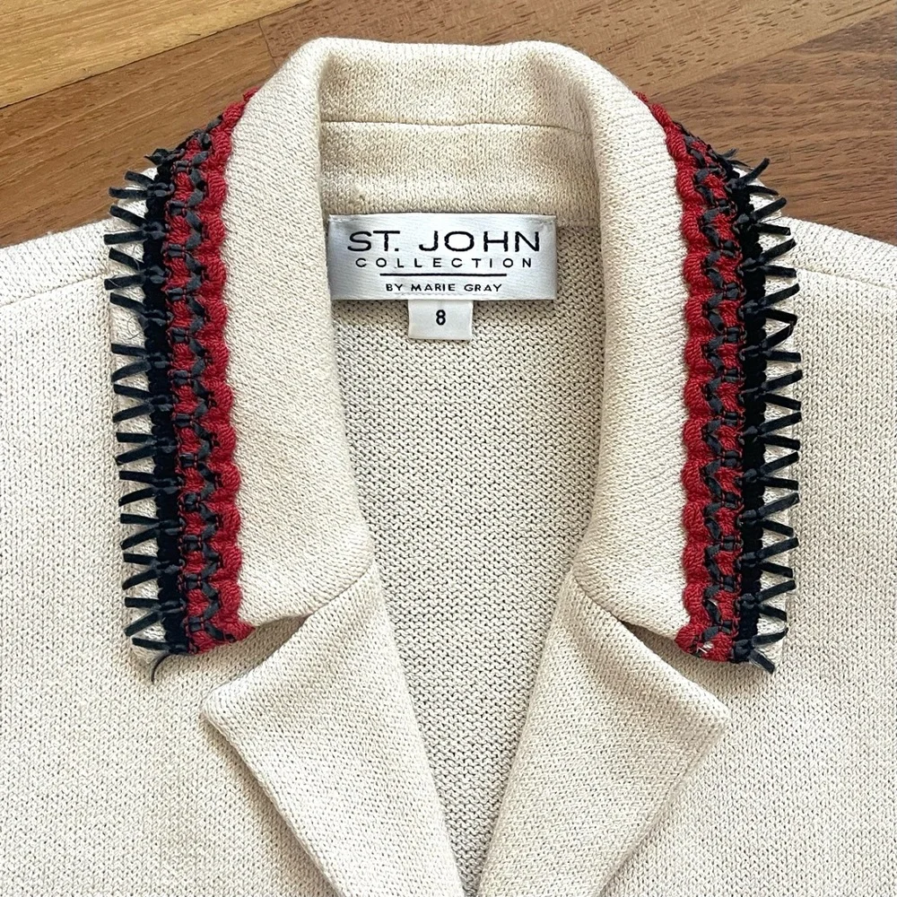 ST JOHN COLLECTION Fringe Jacket Coat SIZE 8 Ivory Red Cardigan Santana Knits - Picture 2 of 9